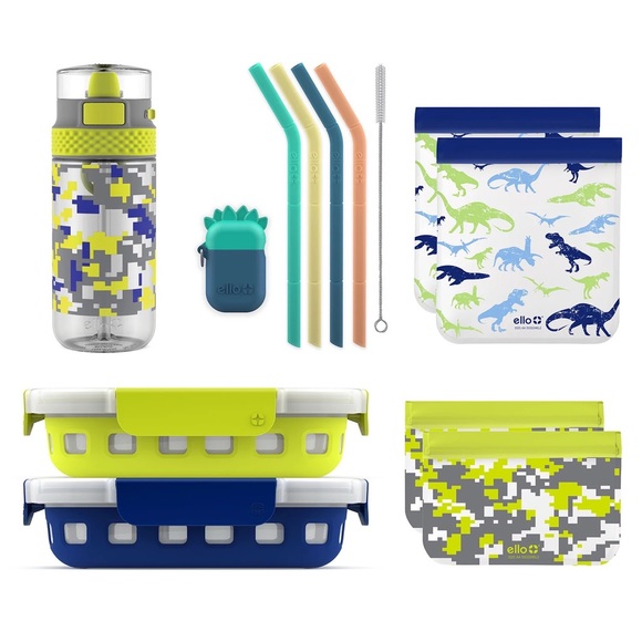 Ello 13-Piece Kids Food Storage, Straws & Water Bottle Lunch Pack Set Green Blue - Picture 2 of 4